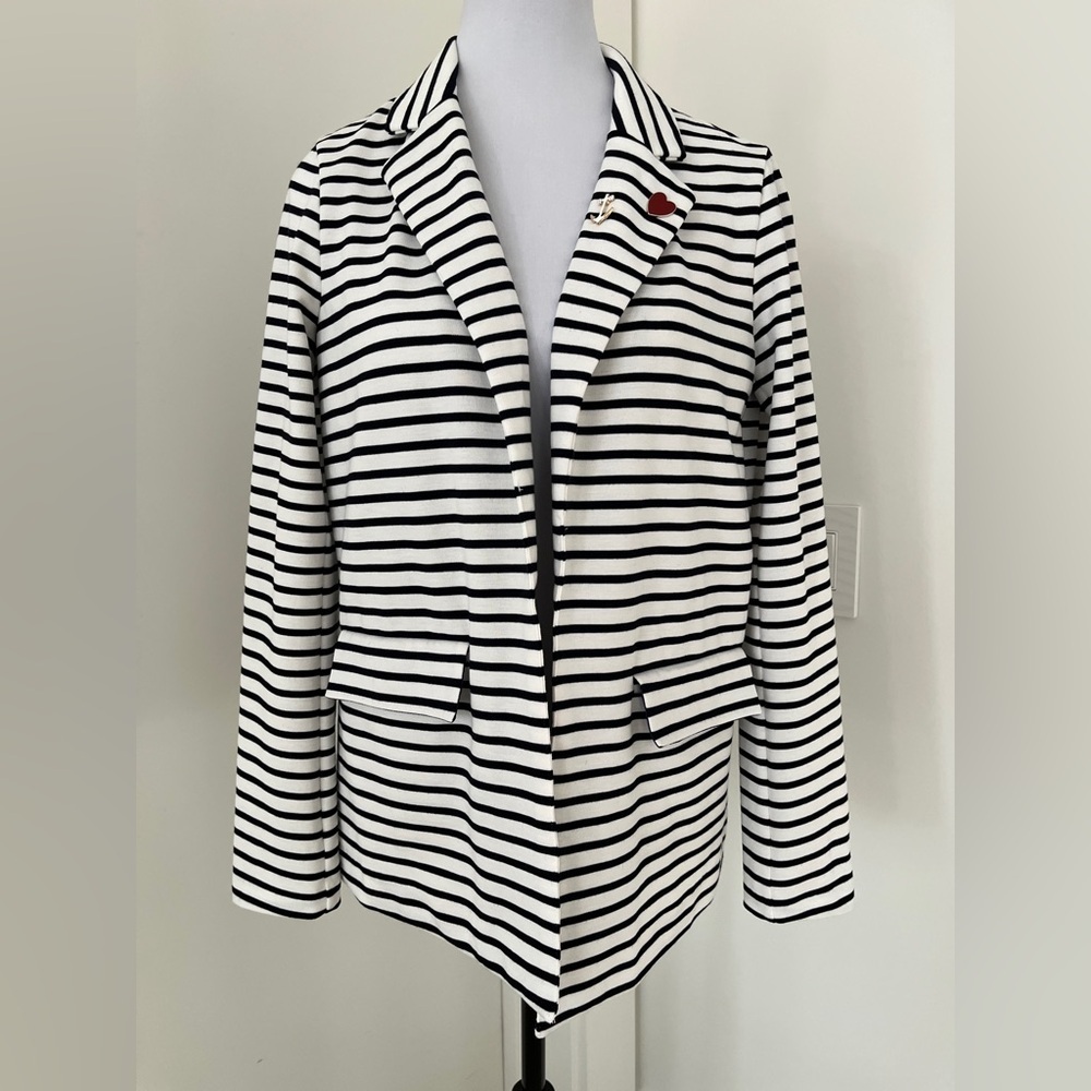 FDJ Striped Unstructured Blazer Open Front Lapels Flap Pockets Nautical Career - Picture 3 of 17